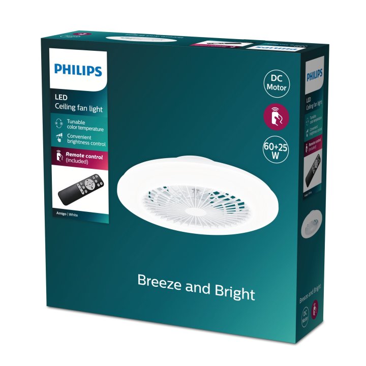 Ventilador De Techo Philips Amigo 60+25w Plafon Led 30-44-65k Mando Distancia Blanco Aspas Ocultas