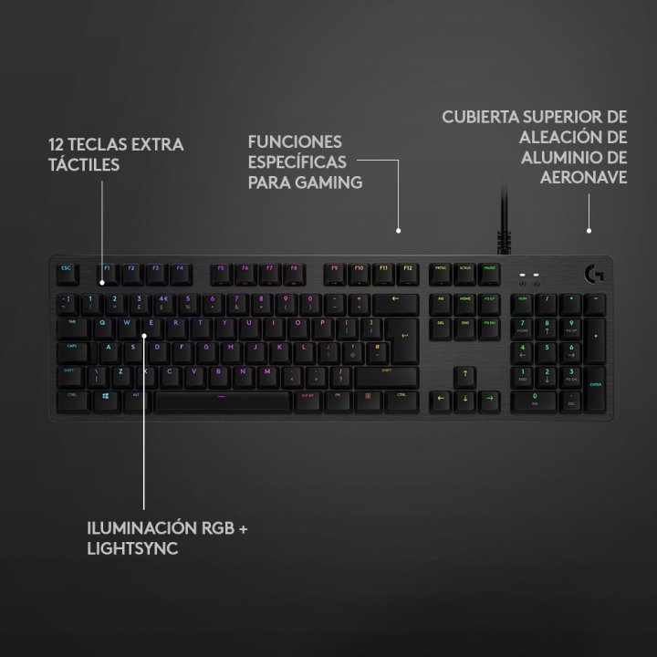 Teclado Logitech G512 Carbon Gaming Mecanico Tactil Gx Brown Rgb Lightsync Aluminio Negro