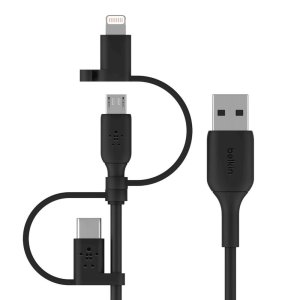 Cable Usb-a 3in1 1m Belkin Cac001bt1mbk 15w 480mbps Conectores Usb-c Micro-usb Lightning Negro