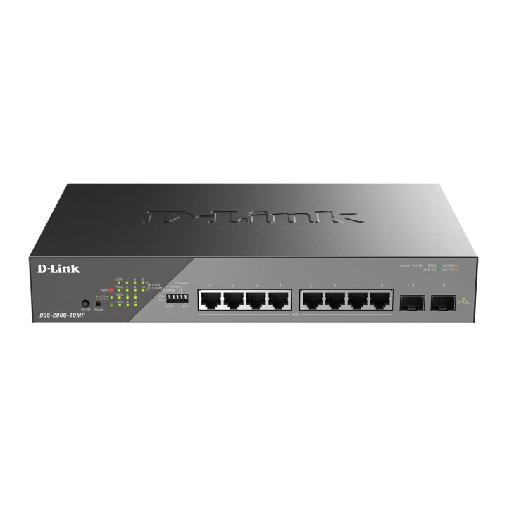 Switch Gestionable D-link Dss-200g-10mp e Poe+ Poe++ 90w 8x10 100 1000 Mbps + 2g Sfp (onvif - Vlan - Erps - Port Trunking )
