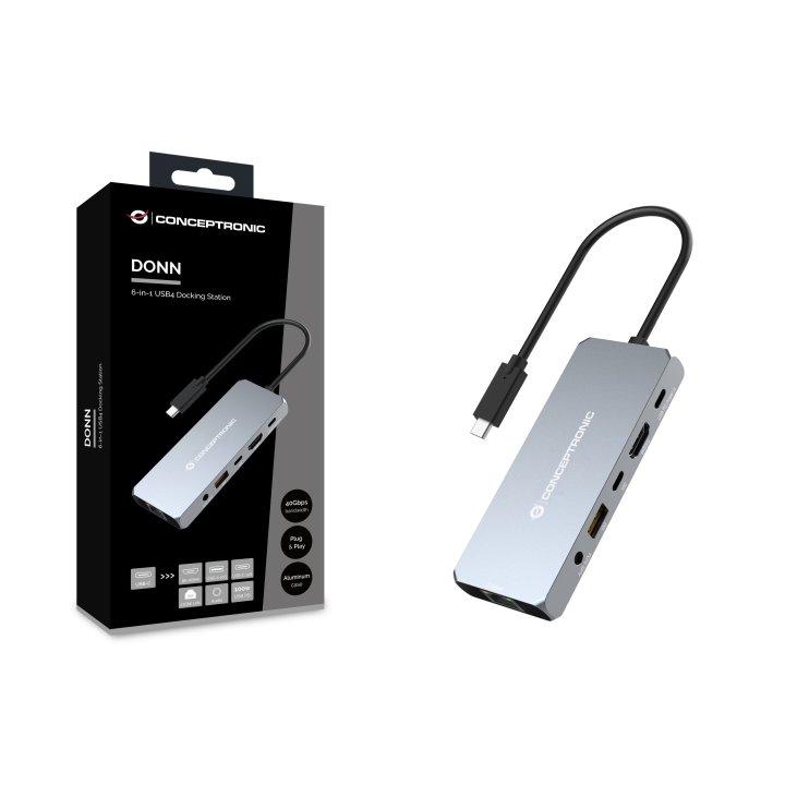 Docking Usb-c Conceptronic Donn22g 6-in-1 Usb4 Docking Station, 40gbps, 8k 60hz Hdmi, 2.5gbe Lan, Usb-a 10gbps, Usb-c 10gbps,