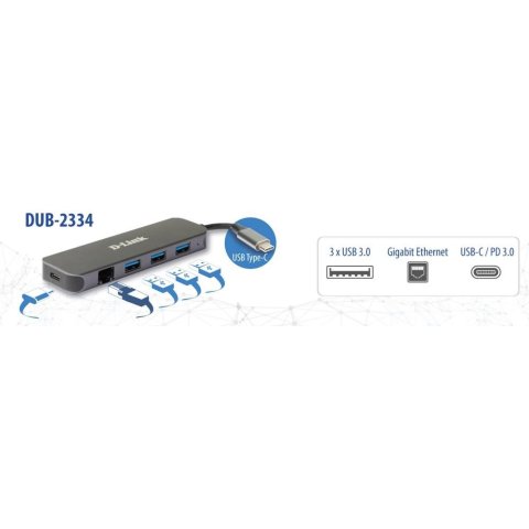 Hub Usb-c D-link Dub-2334 A 3xusb3.0 1xusb-c Pd 60w) 1xgb Rj45