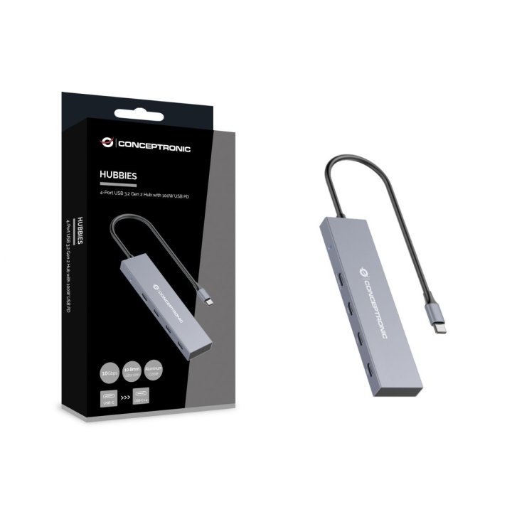Hub Usb 3.2 Conceptronic Hubbies14g 4 Puertos Usb-c 10gbps 100w Pd Carcasa De Aluminio