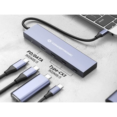Hub Usb 3.2 Conceptronic Hubbies14g 4 Puertos Usb-c 10gbps 100w Pd Carcasa De Aluminio