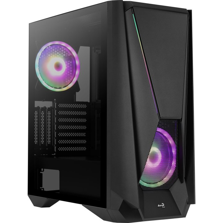 Caja E-atx Torre Gaming Aerocool Visor Black Frontal Con Lineas Rgb Y Ventilador 140mm Argb Panel Lateral De Cristal Templado