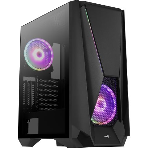 Caja E-atx Torre Gaming Aerocool Visor Black Frontal Con Lineas Rgb Y Ventilador 140mm Argb Panel Lateral De Cristal Templado
