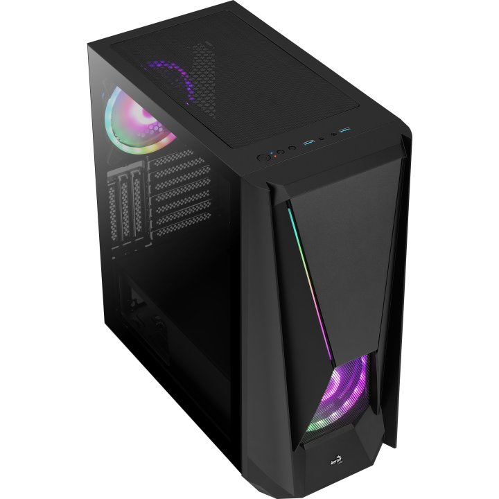 Caja E-atx Torre Gaming Aerocool Visor Black Frontal Con Lineas Rgb Y Ventilador 140mm Argb Panel Lateral De Cristal Templado