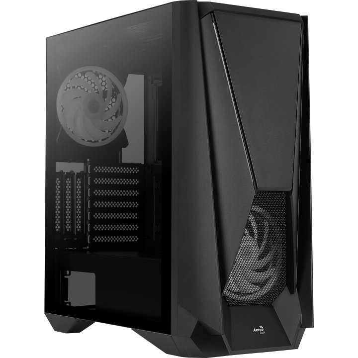 Caja E-atx Torre Gaming Aerocool Visor Black Frontal Con Lineas Rgb Y Ventilador 140mm Argb Panel Lateral De Cristal Templado