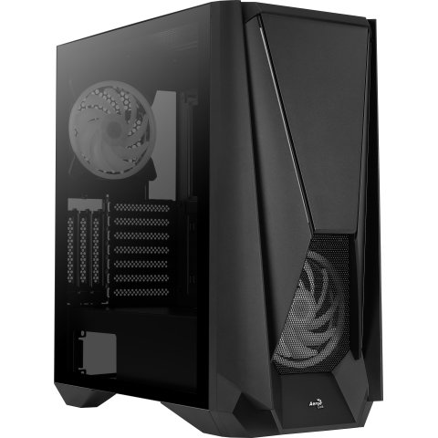 Caja E-atx Torre Gaming Aerocool Visor Black Frontal Con Lineas Rgb Y Ventilador 140mm Argb Panel Lateral De Cristal Templado