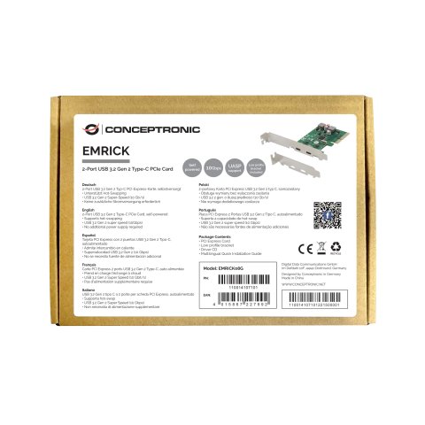Controladora Pcie Conceptronic Emrick08g Pcie X4 2 Puertos Usb 3.2 Gen2 Tipo C Autoalimentada
