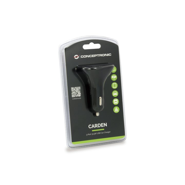 Cargador De Coche Conceptronic Carden06b 3 Puertos Usb A ( 2 P 5v 2.4a 1p 5v 1.5a ) 31.5w