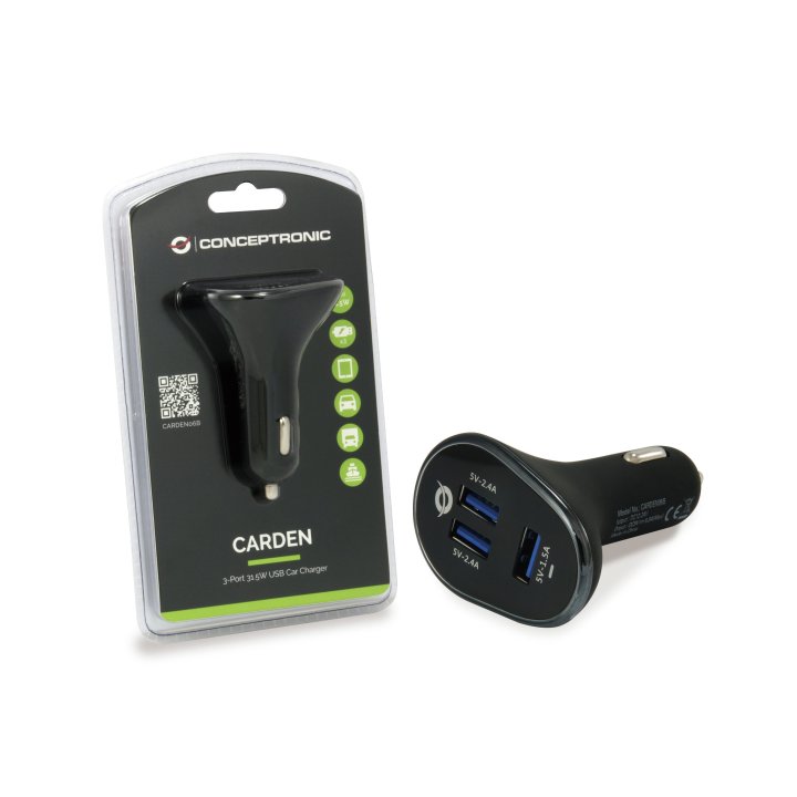 Cargador De Coche Conceptronic Carden06b 3 Puertos Usb A ( 2 P 5v 2.4a 1p 5v 1.5a ) 31.5w