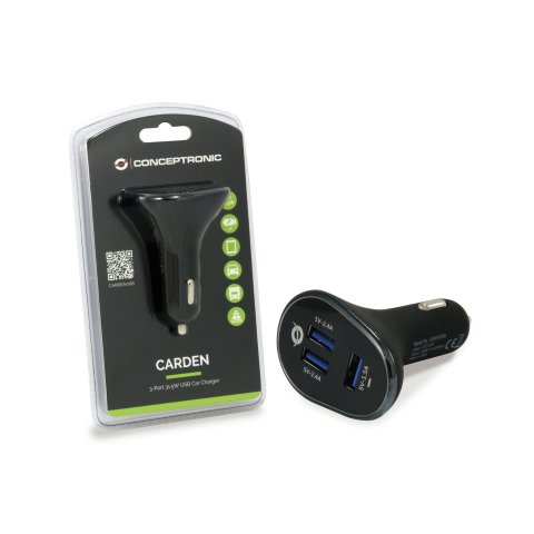 Cargador De Coche Conceptronic Carden06b 3 Puertos Usb A ( 2 P 5v 2.4a 1p 5v 1.5a ) 31.5w