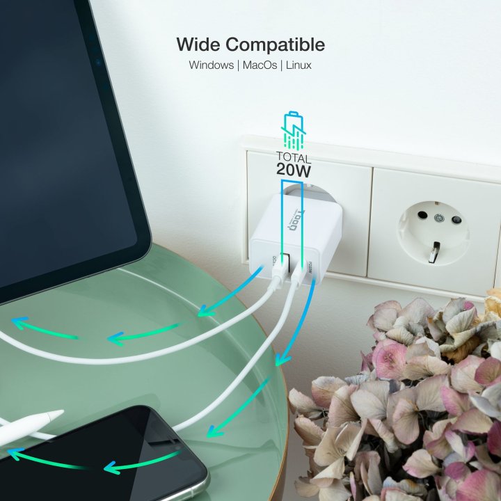 Cargador De Pared Tooq Tqwc-2sc04wt Usb-c+usb-a 4.8a (20w) Total Color Blanco