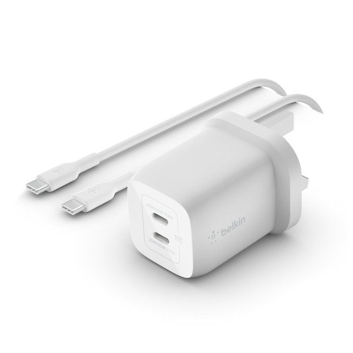 Cargador De Pared Belkin Wch013vf2mwh-b6 Doble Usb-c Gan Boost Charge 65w (45w+20w) + Cable Usb-c 2m
