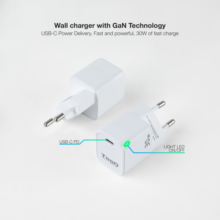 Cargador De Pared Tooq Tqwc-ganpd30wt Usb-c + Pd 30w Blanco