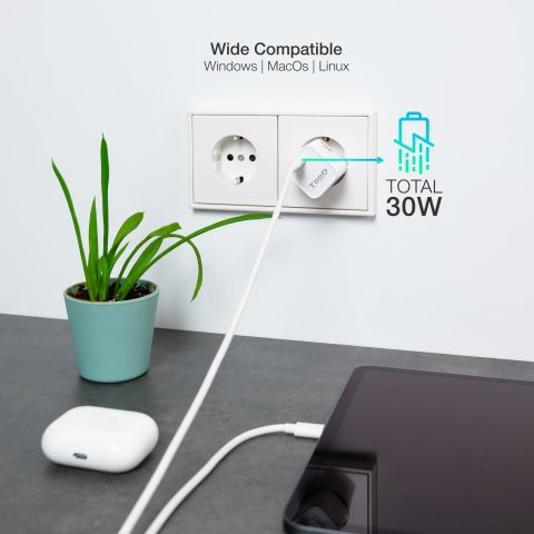Cargador De Pared Tooq Tqwc-ganpd30wt Usb-c + Pd 30w Blanco