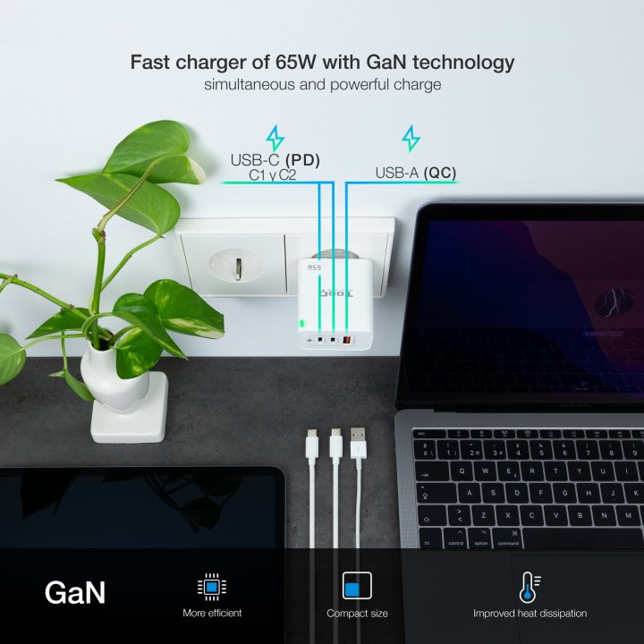Cargador De Pared Tooq Tqwc-ganqc2pd65wt 2usb-c Pd + Usb-a Qc 65w Blanco