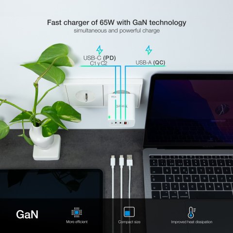 Cargador De Pared Tooq Tqwc-ganqc2pd65wt 2usb-c Pd + Usb-a Qc 65w Blanco