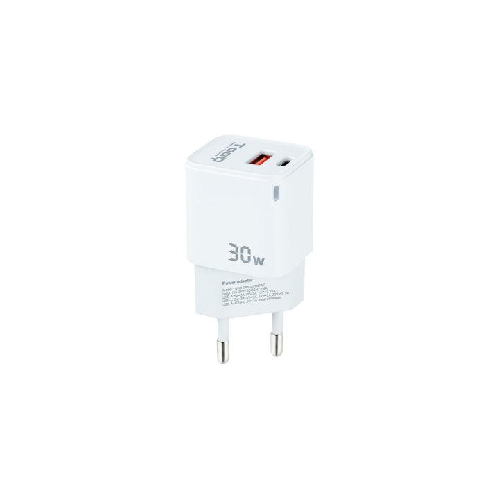 Cargador De Pared Tooq Tqwc-ganqcpd30wt Usb-c Pd + Usb-a Qc 30w Blanco