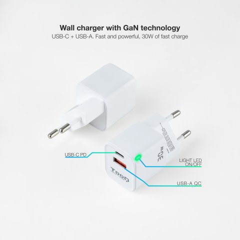 Cargador De Pared Tooq Tqwc-ganqcpd30wt Usb-c Pd + Usb-a Qc 30w Blanco
