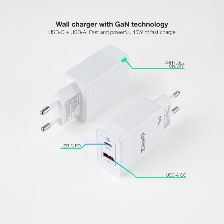 Cargador De Pared Tooq Tqwc-ganqcpd45wt Usb-c Pd + Usb-a Qc 45w Blanco