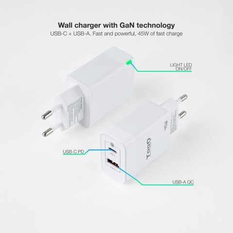 Cargador De Pared Tooq Tqwc-ganqcpd45wt Usb-c Pd + Usb-a Qc 45w Blanco