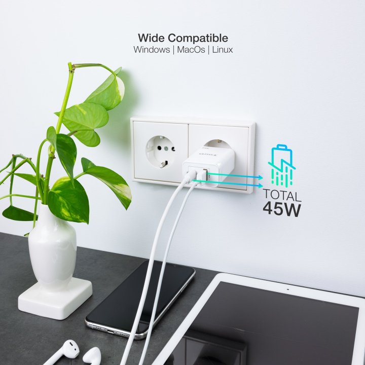 Cargador De Pared Tooq Tqwc-ganqcpd45wt Usb-c Pd + Usb-a Qc 45w Blanco
