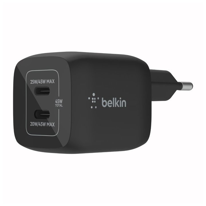 Cargador De Pared Belkin Wch011vfbk Doble Usb-c Gan Boost Charge Pro 45w (25w+20w) Negro