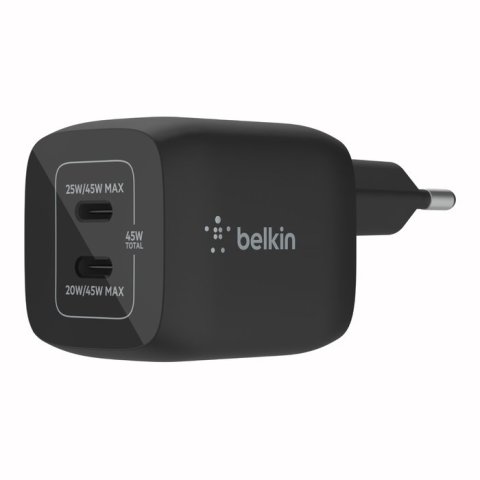 Cargador De Pared Belkin Wch011vfbk Doble Usb-c Gan Boost Charge Pro 45w (25w+20w) Negro
