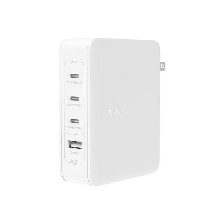 Cargador De Pared Belkin Wch014btwh 3xusb-c 1xusb-a Gan Boost Charge 140w Blanco