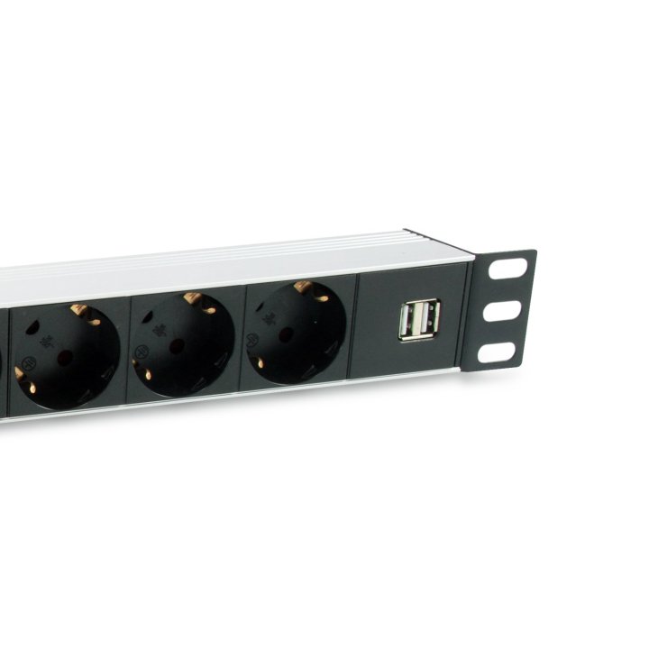 Regleta Alimentacion Aluminio Rack 19" 1u 7 Tomas Tipo Shucko Euro + 2 Tomas Usb Con Protector Spd Cable 1.8m