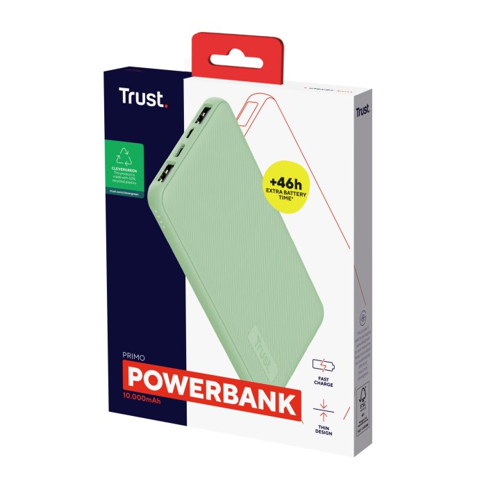 Powerbank Universal Trust Urban Primo Eco 10000 Ultrafina 25029 Verde 10000mah - 2 X Usb-a - 1 Usb-c