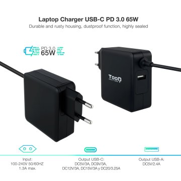 Cargador De Pared Tooq Tqlc-usbc65pd Usb-c Pd3.0 65w Color Negro 2