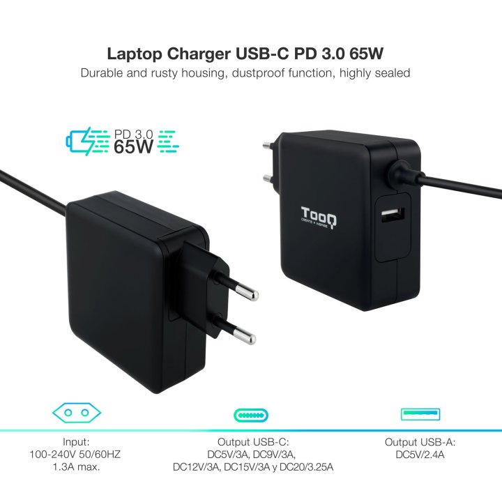 Cargador De Pared Tooq Tqlc-usbc65pd Usb-c Pd3.0 65w Color Negro