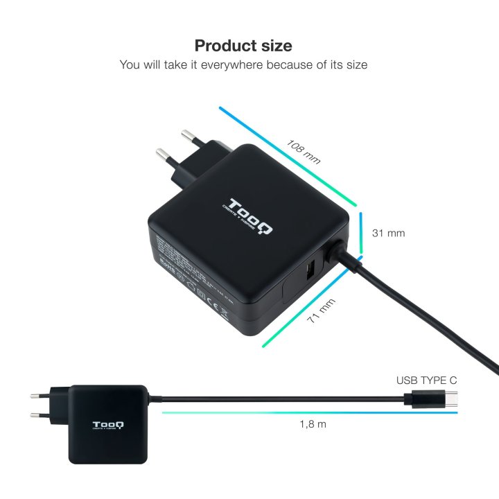 Cargador De Pared Tooq Tqlc-usbc65pd Usb-c Pd3.0 65w Color Negro