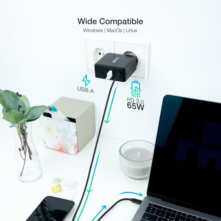 Cargador De Pared Tooq Tqlc-usbc65pd Usb-c Pd3.0 65w Color Negro