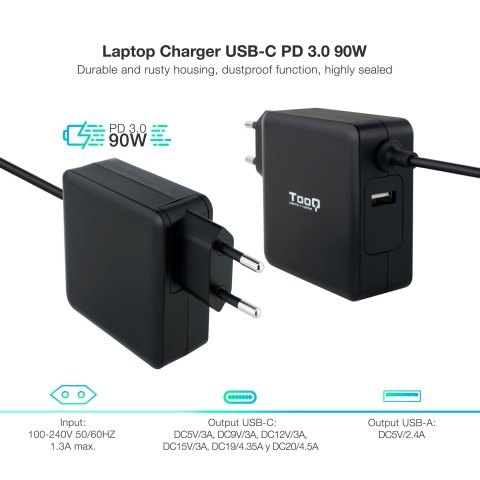 Cargador De Pared Tooq Tqlc-usbc90pd Usb-c Pd3.0 90w Color Negro