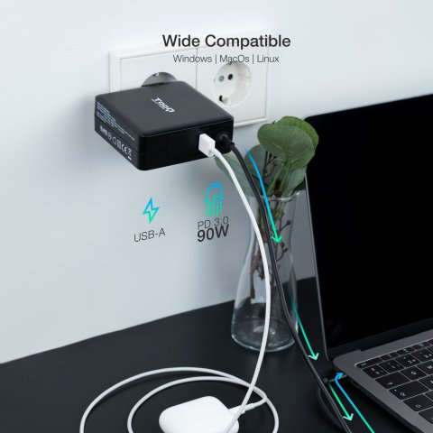 Cargador De Pared Tooq Tqlc-usbc90pd Usb-c Pd3.0 90w Color Negro