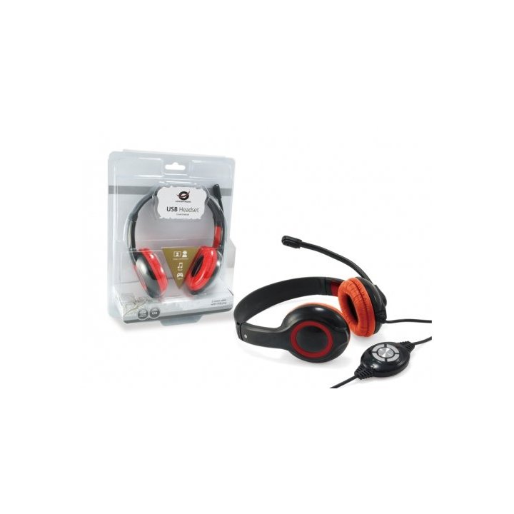 Headset Conceptronic Chatstar2u2r Usb Microfono Flexible Control De Volumen Color Negro   Rojo Cchatstaru2r