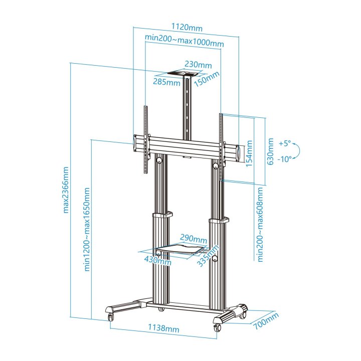 Soporte De Suelo Con Ruedas Tooq Fs20300m-b  Pantallas 60"-100" Max. 100kg Vesa Max. Con2 Bandejas Regulable Plata