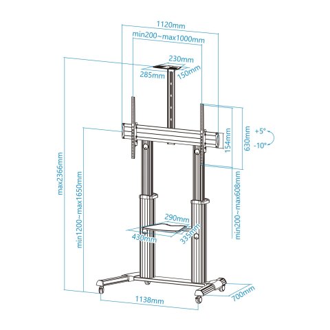 Soporte De Suelo Con Ruedas Tooq Fs20300m-b  Pantallas 60"-100" Max. 100kg Vesa Max. Con2 Bandejas Regulable Plata