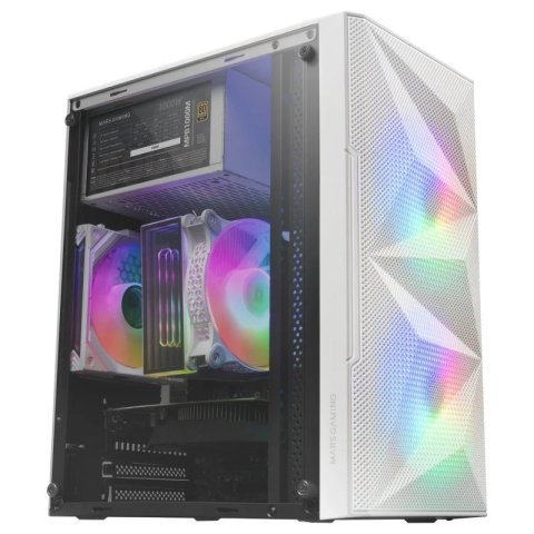 Caja Microatx Gaming Mars Gaming Mc-me White Frontal Mesh Con 2 Ventiladores Frgb 120mm Lateral De Cristal Templado Sin Fuent