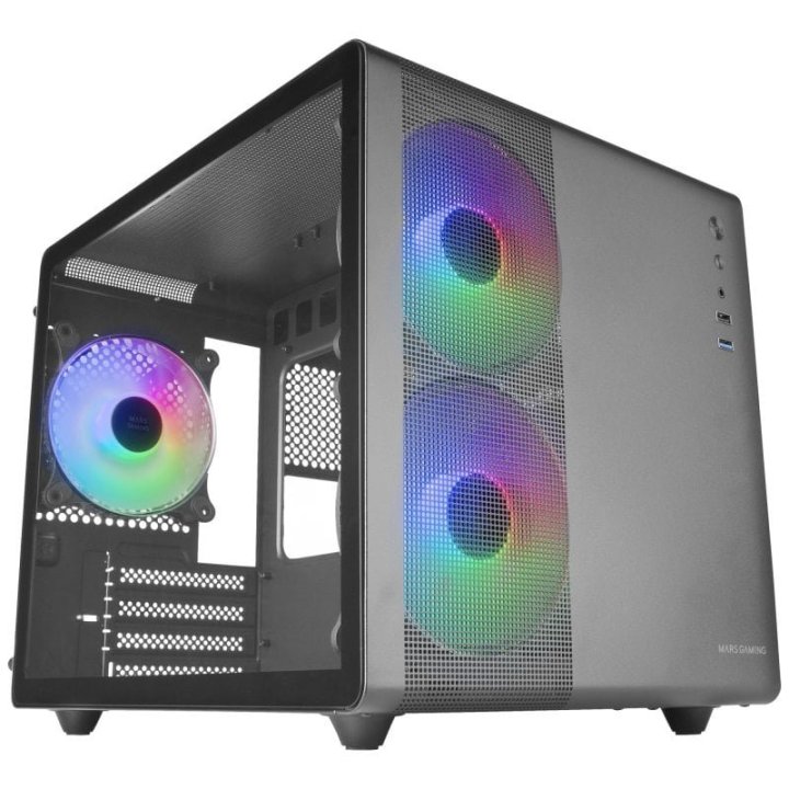 Caja Microatx Cube Gaming Mars Gaming Mc400 Black Frontal Mesh Diseño Cube 3xventiladores 120mm Rgb Lateral De Cristal Templa