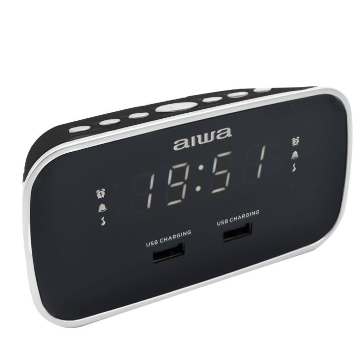 Radio Despertador Aiwa Cru-19 Black 2 Puertos Usb De Carga 5v 2.4a