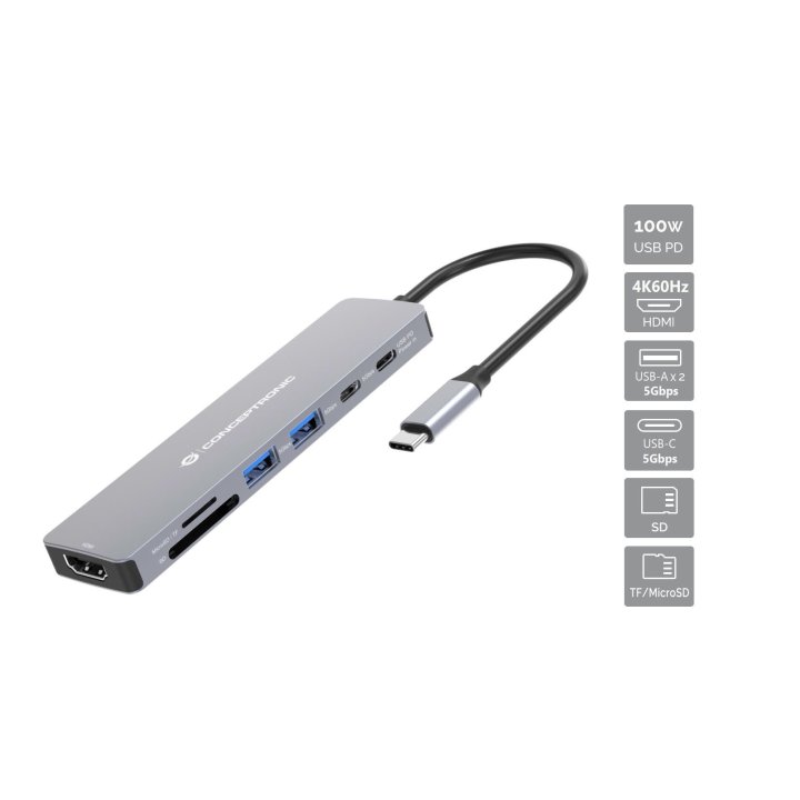 Docking Usb-c  7-in-1 Conceptronic Donn28g 1xhdmi 4k 2xusb-a 3.0 2xusb-c Pd 100w 1xsd 1xmicrosd