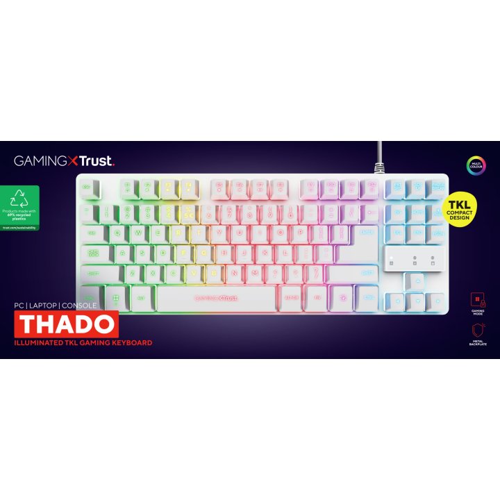 Teclado Trust Gaming Gxt833w Thado Metalico Compacto Blanco Iluminacion Led Multimedia Usb 24739