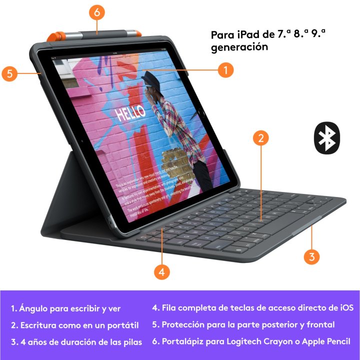 Teclado Bluetooth Funda Logitech Slim Folio Para Ipad 7 8 9  Gen Color Gris