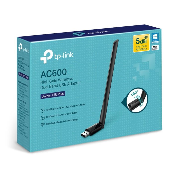 Usb Wifi Dualband Tp-link Archer T2u Plus Ac600 Usb2.0 1 Antena De Alta Ganancia