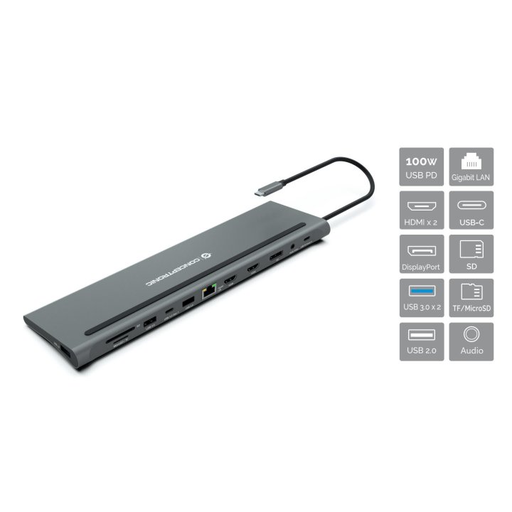 Adaptador Usb-c 12in1 Conceptronic Hdmix2 Displayport Gigabit Usb-c Datos Usb-a Audio Lan Lector Tar